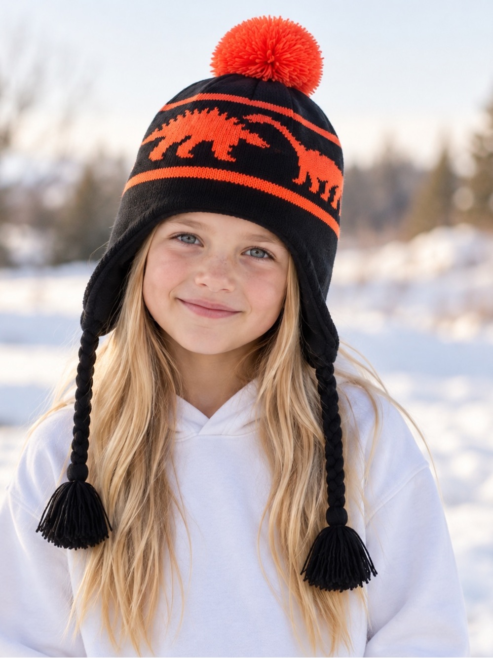 Weecreature Kids Large Dinosaur Ear Flap Fleece Lined Beanie Black Orange Pom